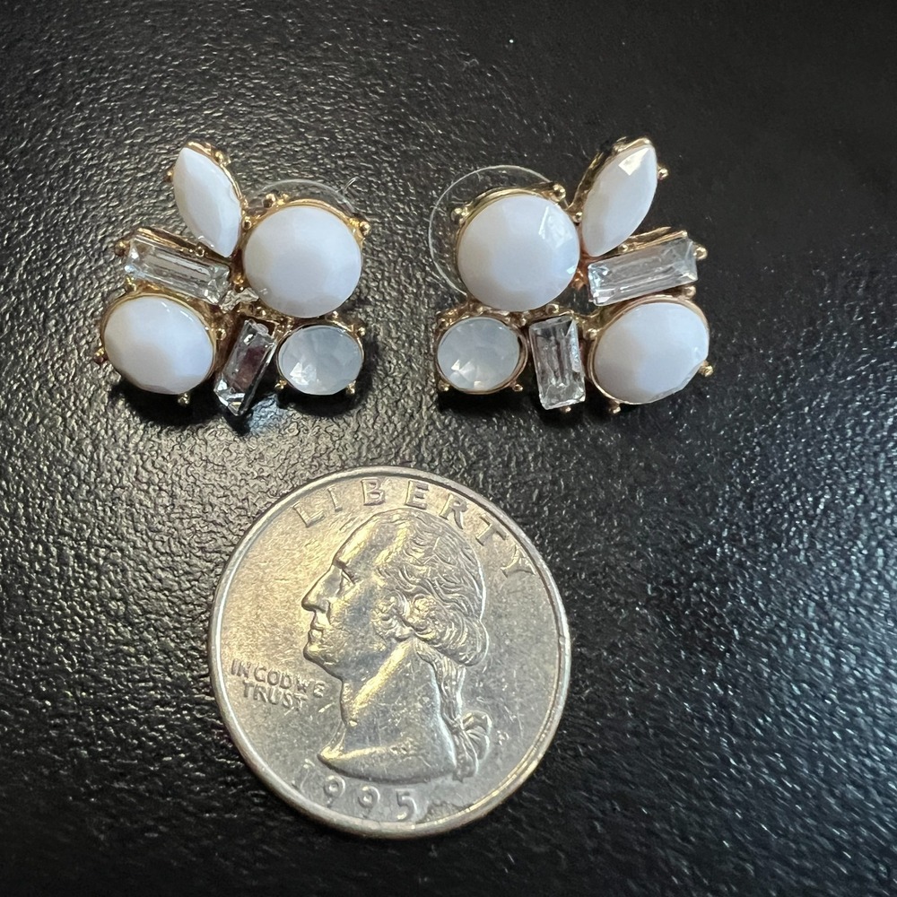 Gold Tone White Cluster Statement Post Earrings Clear Baguette Stones - Picture 6 of 7